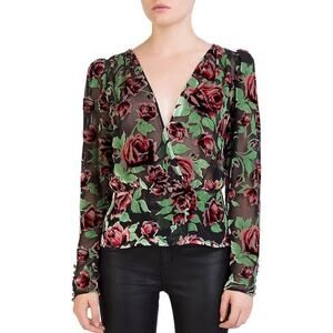 The Kooples Rose Velvet Burnout Silk Blouse Neon Top Peplum Womens 4 Red Green